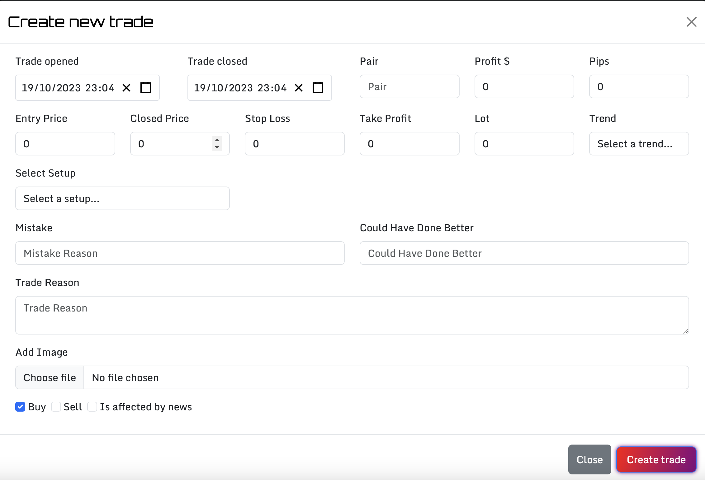 Screenshot of the 'Create Trades' interface showing options for adding and analyzing trade details